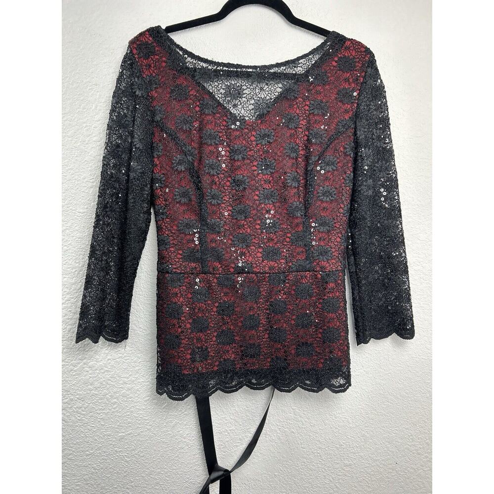 Blu Sage Womans Size L Black Seer Lace Top Red Lined Back‎ Zip 3/4 Sleeve Tie